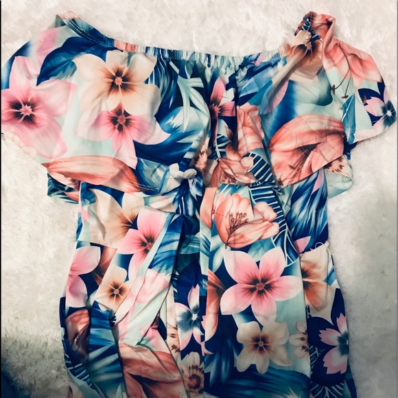 Pink Blue Floral Ruffle Off Shoulder Jumpsuit - Picture 4 of 4